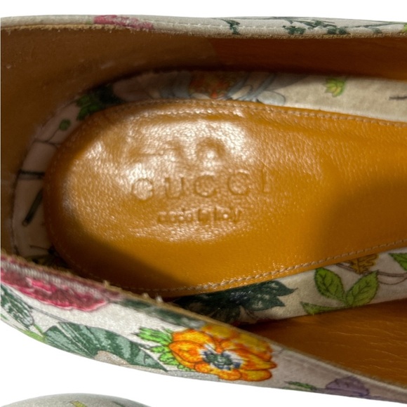 Gucci Satin Horsebit Pumps US 10 White Floral Peep Toe High Heels Buckles - Picture 7 of 12